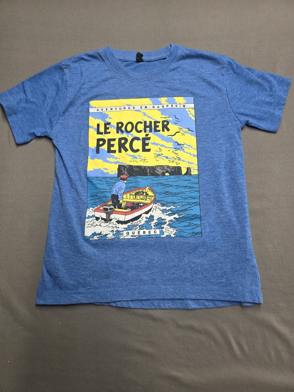 Vintage Tintin Parody Le Rocher Perce Gaspesie Graphic T-Shirt Blue Size S
